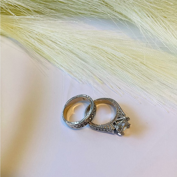 Silver Double Rings Set Shiny Stone For Lover 2 Pcs - Picture 2 of 6